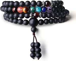 COAI Mala Budista Multicapa 108 Cuentas de Ónice Mate y Piedras Chakras
