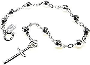 Pulsera Rosario en Plata de Ley 925m con 18cm. bolas de 4mm. Cruz 17mm.