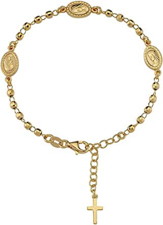 Vinani Pulsera rosario brillante, chapada en oro, con la madre de Dios y cruz, plata de ley 925, extensible, 2 kg